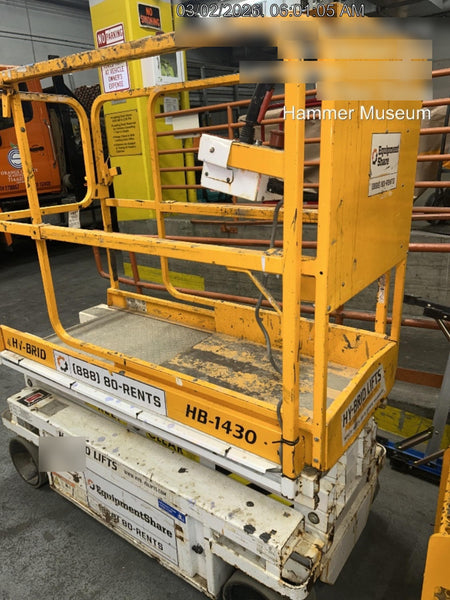 Custom Equipment HB-1430 <ul>
 <li>Hy-Brid Scissor Lift</li>
  <li>Platform capacity up to 670 lbs.</li>
  <li>Working height up to 20 ft</li>
  <li>Weighs under 1,700 lbs.</li>
  <li>Non-marking wheels </li>
</ul>