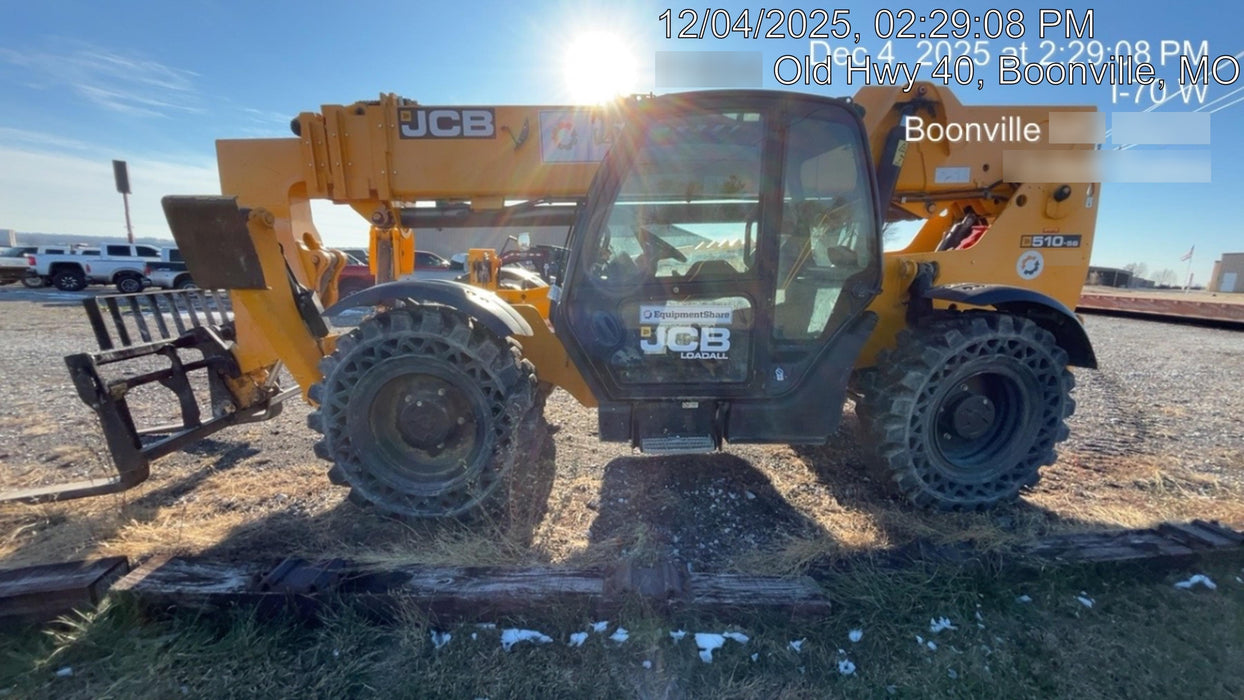 2019 JCB 510-56 Enclosed Cab, 74 HP, Solid Tires, Worklights, Beacon, Aux Hydraulics, Lifting Eye w/66" Carriage/60" Forks