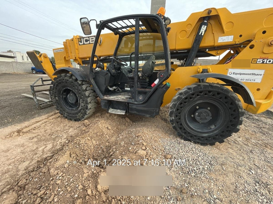 2019 JCB 510-56 74 HP w/Open ROPS, Beacon, Aux Hydraulics, Worklights, Solid Tires w/60" Carriage/Forks