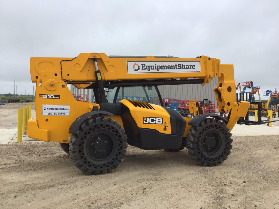 2019 JCB 510-56 Open ROPS, 74 HP, Solid Tires, Worklights, Beacon, Aux Hydraulics, Lifting Eye 60" Carriage/60" Forks