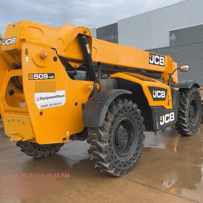 2019 JCB 509-42 74 HP w/Open ROPS, Beacon, Aux Hydraulics, LED Work lights, Solid Tires 66" Carriage/60" Forks
