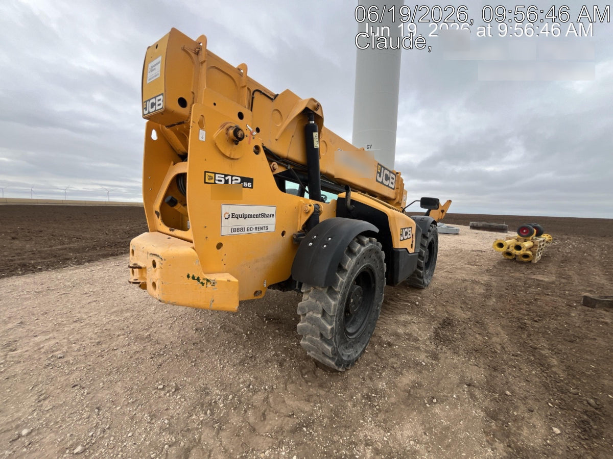 2019 JCB 512-56 Enclosed Cab, 109 HP, Solid Tires, Worklights, Beacon, Aux Hydraulics, Lifting Eye w/60" Carriage/60" Forks