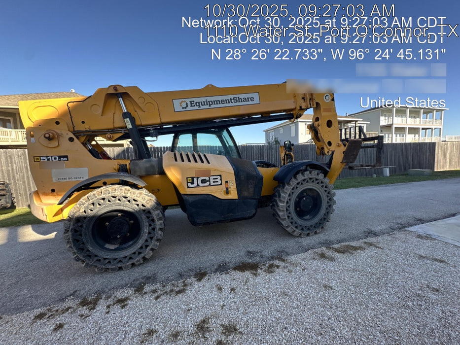2018 JCB 510-56 JCB 510-56 Telehandler 74 HP w/CAB/HVAC, Beacon, Worklights, Aux Hydraulics, Solid Tires, 60" Carriage/Forks