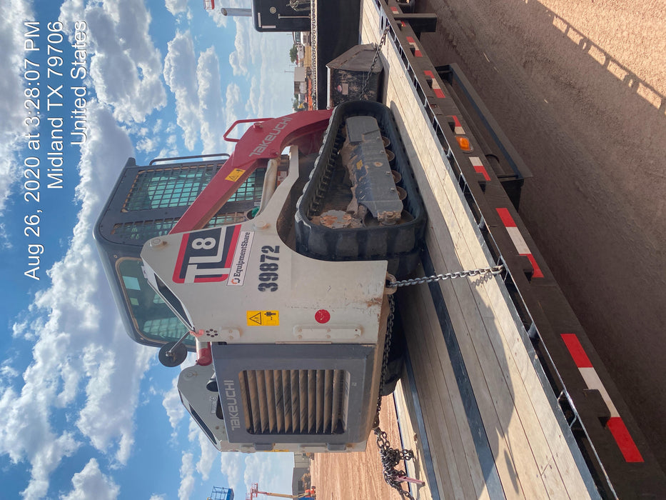 2019 Takeuchi TL8 Cab, Heat/AC, Defroster, 15" Wide Rubber Tracks, Back-up Alarm, Front & Rear Working Lights, Auxiliary Hydraulics, Two-Speed Travel, Electronic Monitoring System, Hydraulic Universal Quick Hitch 76" HD Dirt Bucket with 8 Teeth, 20.3 cubic feet Capacity