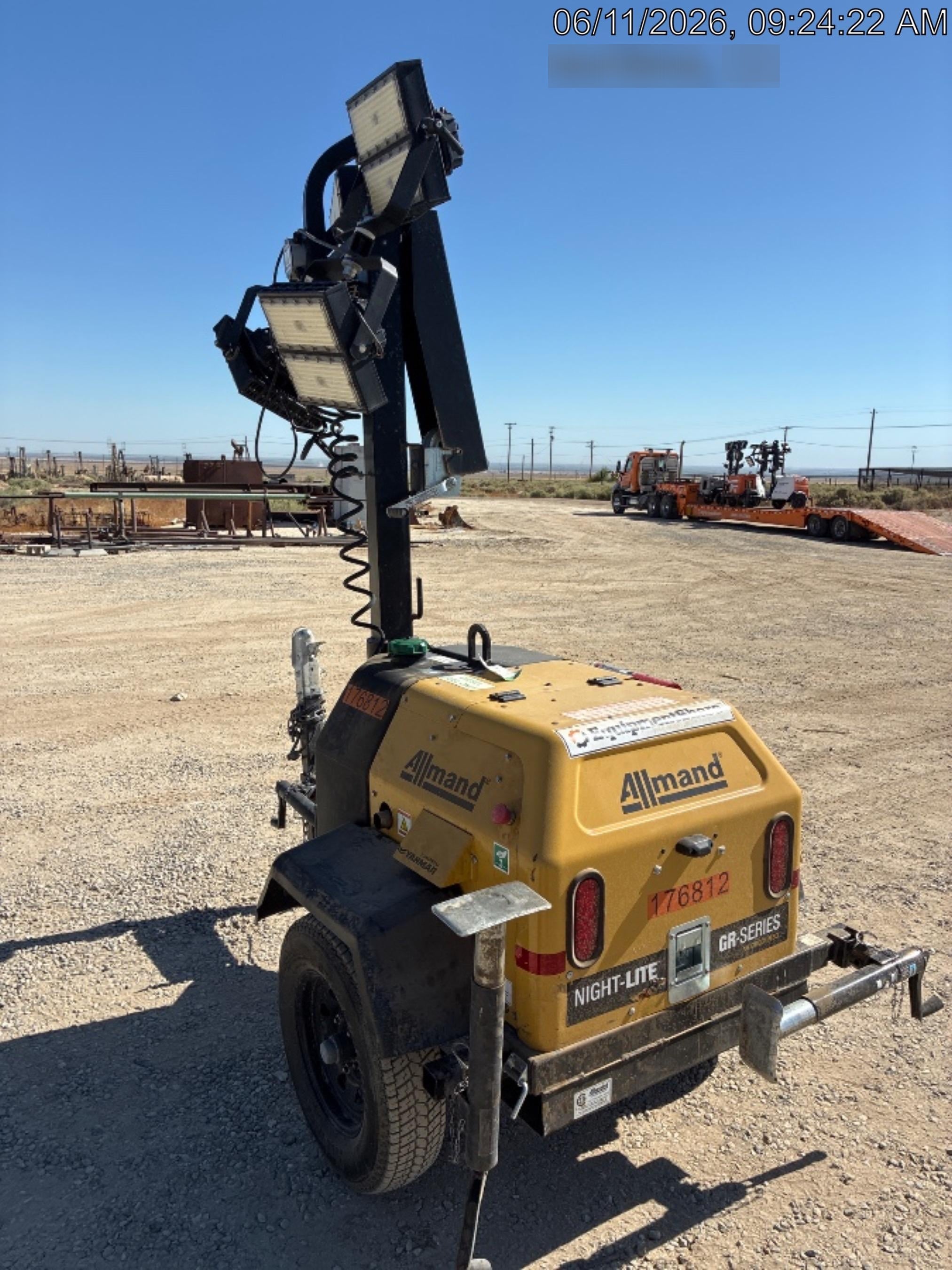 Allmand NLV3GR (4) LED Light Fixture 350W, 23' Vertical Mast, 3kW Prime, Towable, Deep Sea L401, Leveling Jacks, Yanmar T4F 5.8hp