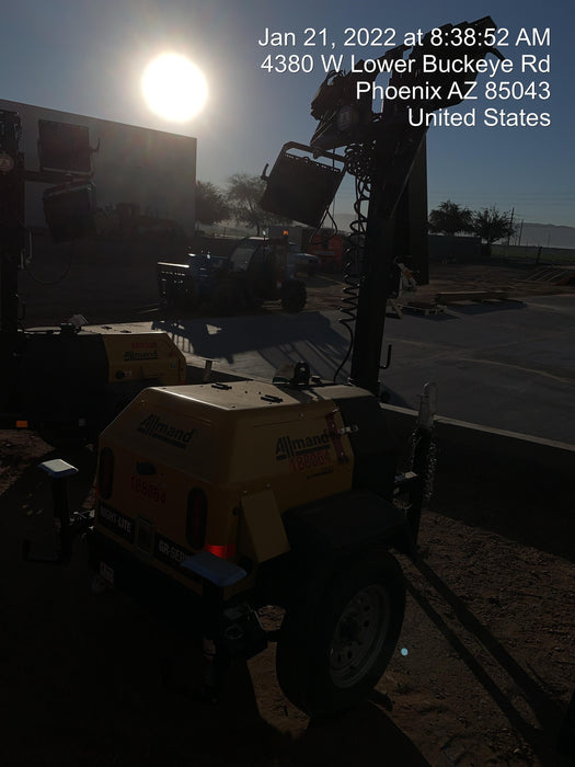 Allmand NLV3GR (4) LED Light Fixture 350W, 23' Vertical Mast, 3kW Prime, Towable, Deep Sea L401, Leveling Jacks, Yanmar T4F 5.8hp