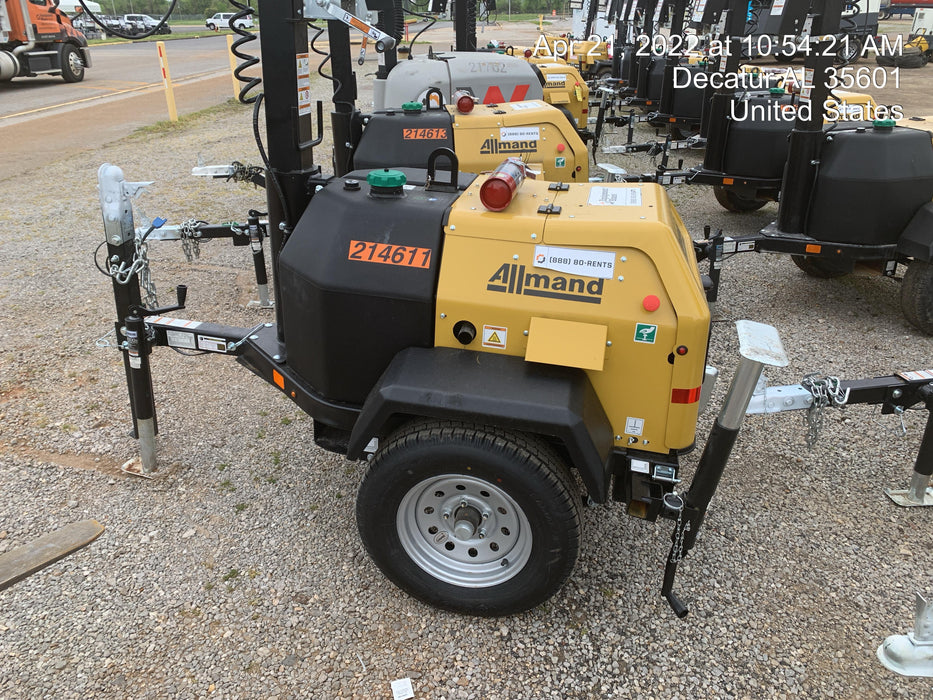 2022 Allmand NLV3GR (4) LED Light Fixture 350W, 23' Vertical Mast, 3kW Prime, Towable, Deep Sea L401, Leveling Jacks, Yanmar T4F 5.8hp