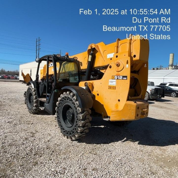 2019 JCB 512-56 109 HP w/Open ROPS, Beacon, Aux Hydraulics, Worklights, Solid Tires w/60" Carriage/Forks