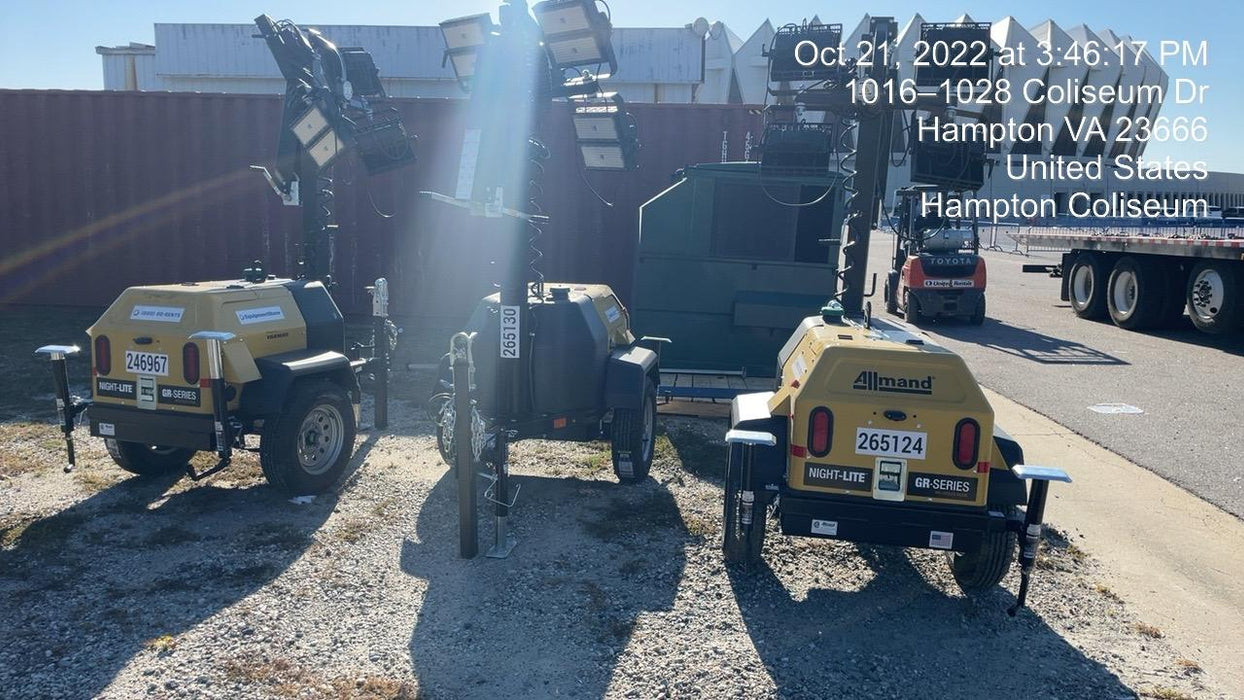 2022 Allmand NLV3GR (4) LED Light Fixture 350W, 23' Vertical Mast, 3kW Prime, Towable, ES Decals, T3