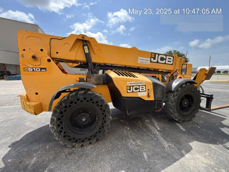 2019 JCB 510-56 74 HP w/Open ROPS, Beacon, Aux Hydraulics, Worklights, Solid Tires w/60" Carriage/Forks