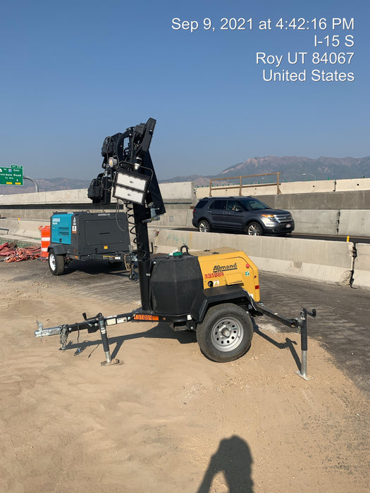 2021 Allmand NLV3GR (4) LED Light Fixture 350W, 23' Vertical Mast, 3kW Prime, Towable, Deep Sea L401, Leveling Jacks, Yanmar T4F 5.8hp