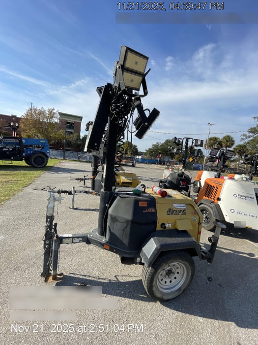 2022 Allmand NLV3GR (4) LED Light Fixture 350W, 23' Vertical Mast, 3kW Prime, Towable, Deep Sea L401, Leveling Jacks, Yanmar T4F 5.8hp