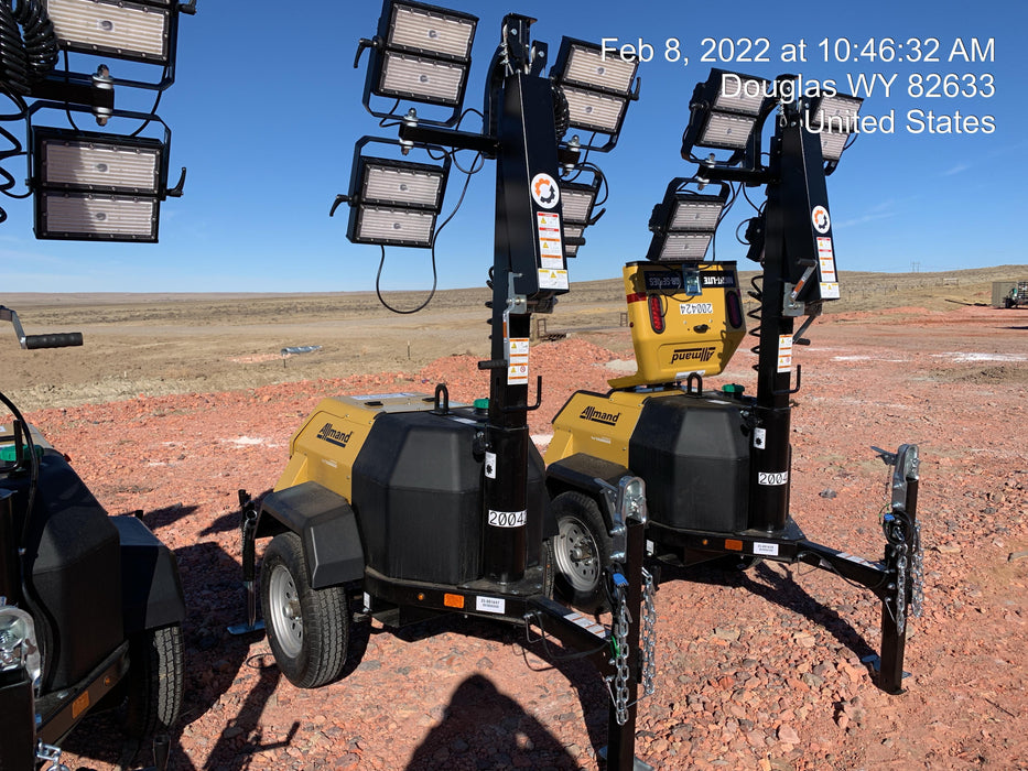 2022 Allmand NLV3GR (4) LED Light Fixture 350W, 23' Vertical Mast, 3kW Prime, Towable, Deep Sea L401, Leveling Jacks, Yanmar T4F 5.8hp