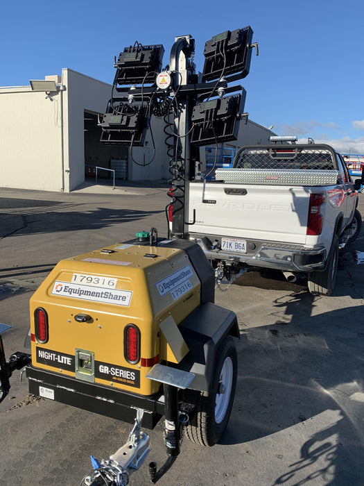 Allmand NLV3GR (4) LED Light Fixture 350W, 23' Vertical Mast, 3kW Prime, Towable, Deep Sea L401, Leveling Jacks, Yanmar T4F 5.8hp