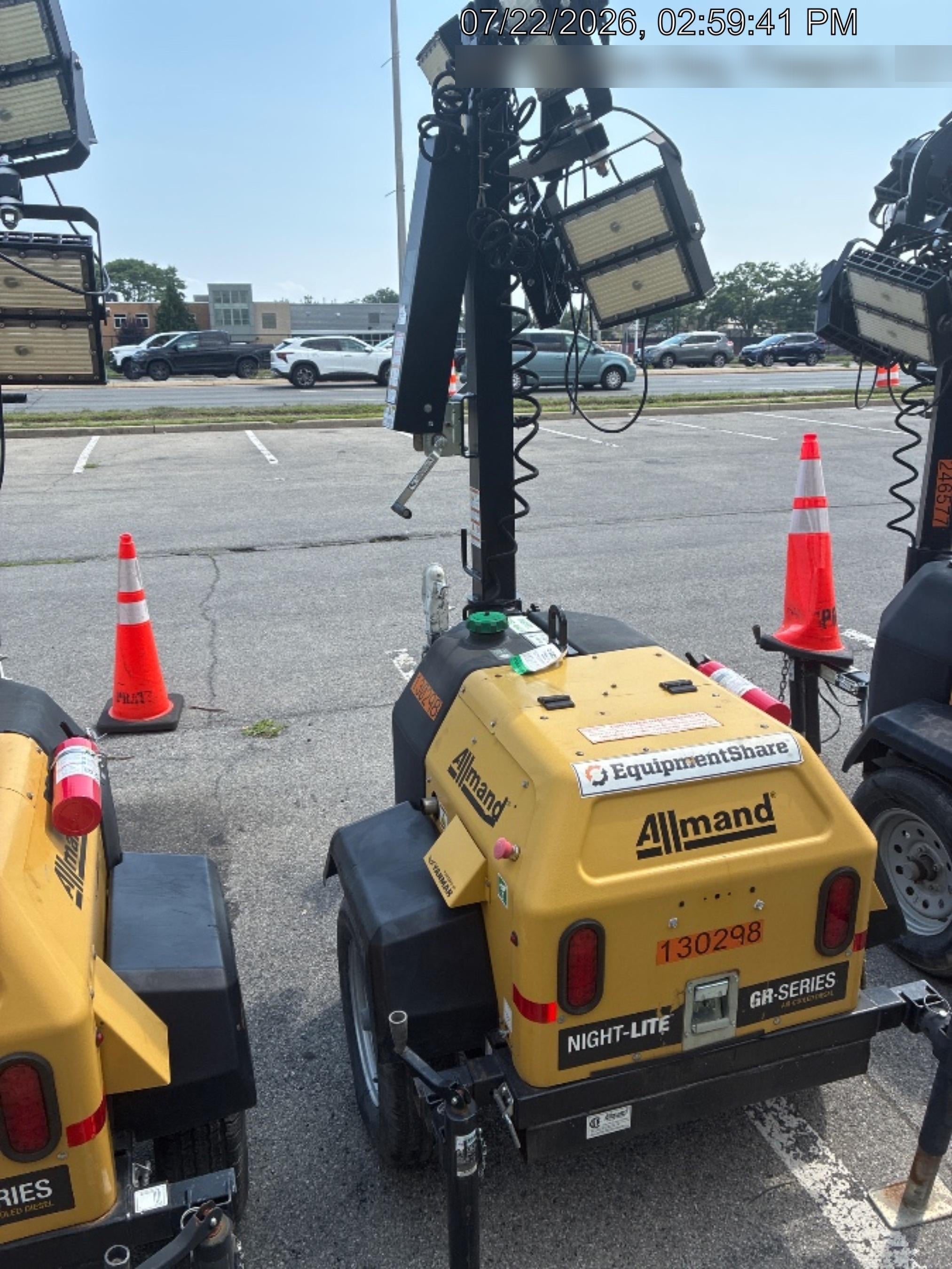 2021 Allmand NLV3GR (4) LED Light Fixture 350W, 23' Vertical Mast, 3kW Prime, Towable, Deep Sea L401, Leveling Jacks, Yanmar T4F 5.8hp