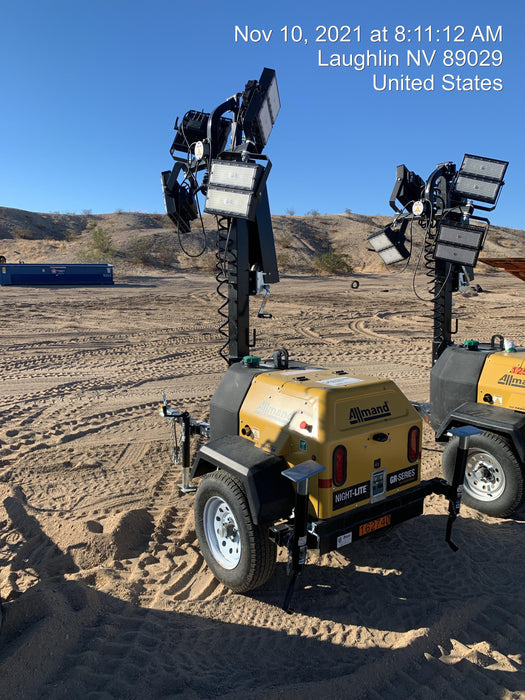 2021 Allmand NLV3GR (4) LED Light Fixture 350W, 23' Vertical Mast, 3kW Prime, Towable, Deep Sea L401, Leveling Jacks, Yanmar T4F 5.8hp