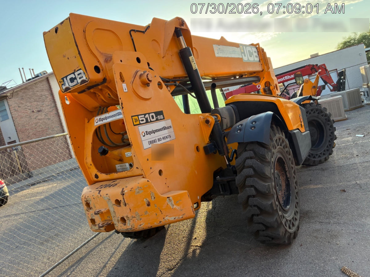 2018 JCB 510-56 JCB 510-56 Telehandler 74 HP w/CAB/HVAC, Beacon, Worklights, Aux Hydraulics, Solid Tires, 60" Carriage/Forks