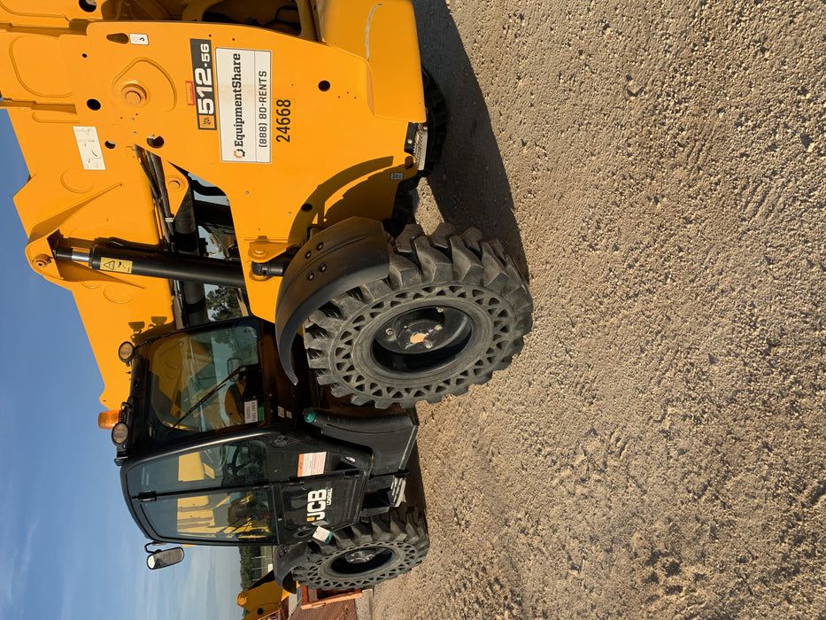 2019 JCB 512-56 74 HP w/CAB/HVAC, Beacon, Aux Hydraulics, Worklights, Solid Tires w/60" Carriage/Forks