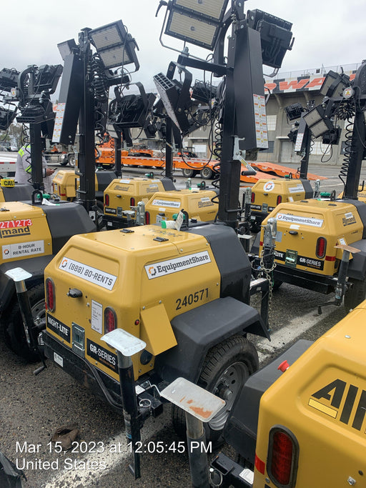 2022 Allmand NLV3GR (4) LED Light Fixture 350W, 23' Vertical Mast, 3kW Prime, Towable, Deep Sea L401, Leveling Jacks, Yanmar T4F 5.8hp