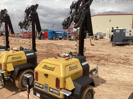 2022 Allmand NLV3GR (4) LED Light Fixture 350W, 23' Vertical Mast, 3kW Prime, Towable, ES Decals, T3