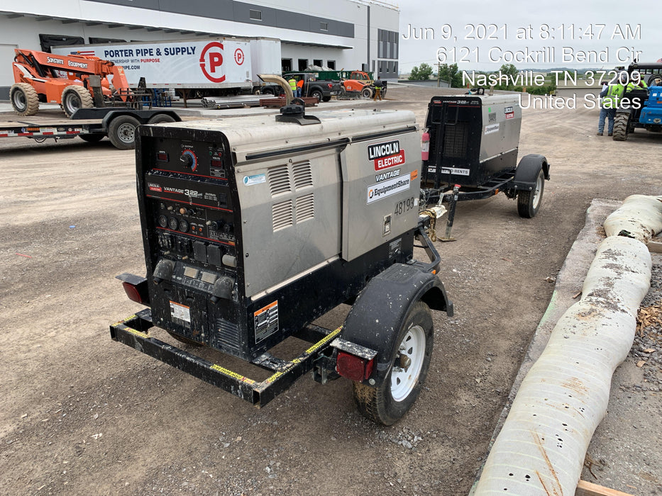 2019 Lincoln Electric Vantage 322 Ready-Pak 3, Two Wheel Trailer, Fender and Light Kit, Cable Rack