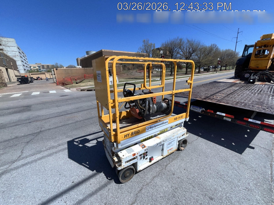 Custom Equipment HB-1430 <ul>
 <li>Hy-Brid Scissor Lift</li>
  <li>Platform capacity up to 670 lbs.</li>
  <li>Working height up to 20 ft</li>
  <li>Weighs under 1,700 lbs.</li>
  <li>Non-marking wheels </li>
</ul>