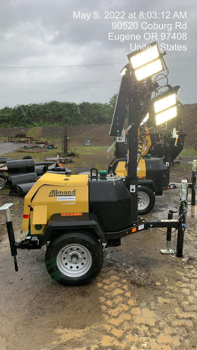 2022 Allmand NLV3GR (4) LED Light Fixture 350W, 23' Vertical Mast, 3kW Prime, Towable, Deep Sea L401, Leveling Jacks, Yanmar T4F 5.8hp