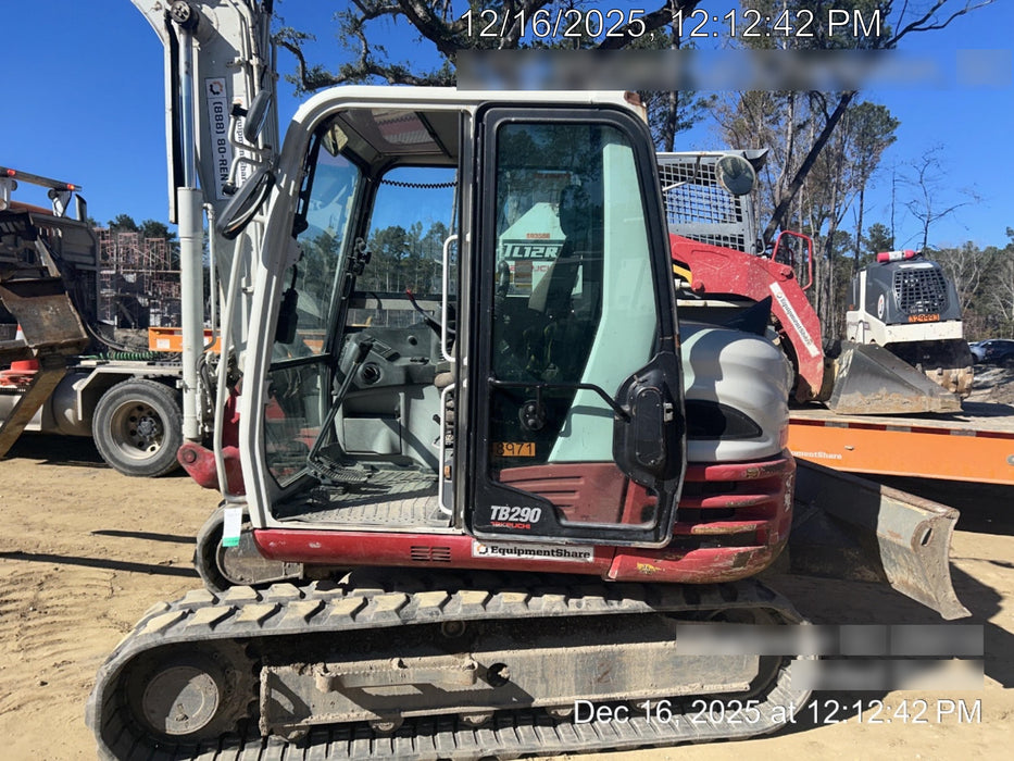 2019 Takeuchi TB290 Cab, AC, Rubber Tracks, Dozer Blade, Travel Alarm, Control Pattern Change Valve, Auxiliary Hydraulics w/18" Quick Coupler Bucket with teeth, 6.2 cu. ft. capacity/24" Quick Coupler Bucket with teeth, 8.6 cu. ft. capacity/36" Quick Coupler Bucket with teeth, 13.4 cu. ft. capacity, Quick Coupler, Hydraulic Thumb Installed
