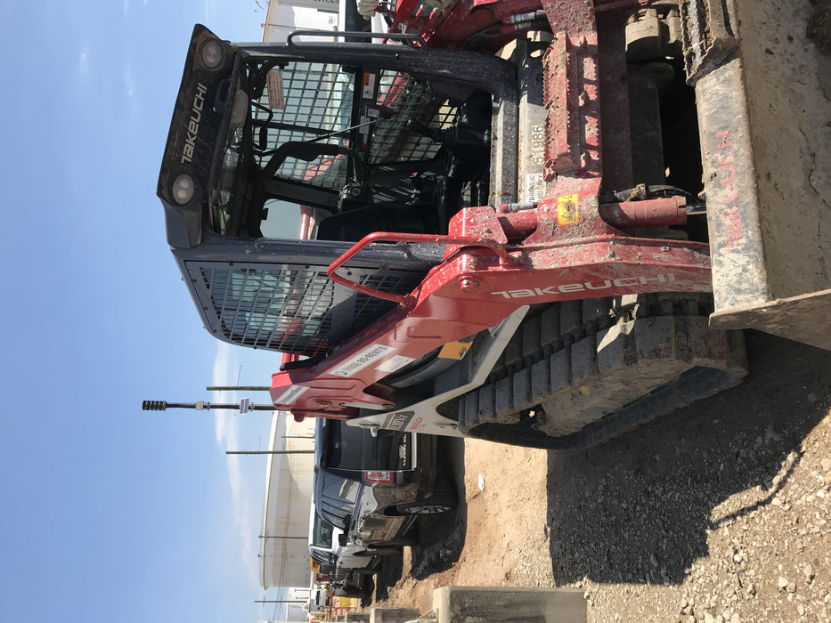 2019 Takeuchi TL10V2-CR Cab/Heat/AC, Rubber Tracks, Backup Alarm, Front & rear working Lights, Auxiliary Hydraulics, 2 Speed Travel, Engine Monitoring System, Hydraulic universal quick hitch w/76" HD smooth dirt bucket with bolt-on edge, 20.3 cubic feet capacity, 48" Pallet forks and frame
