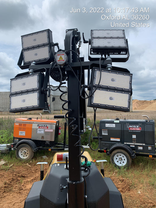 2022 Allmand NLV3GR (4) LED Light Fixture 350W, 23' Vertical Mast, 3kW Prime, Towable, Deep Sea L401, Leveling Jacks, Yanmar T4F 5.8hp