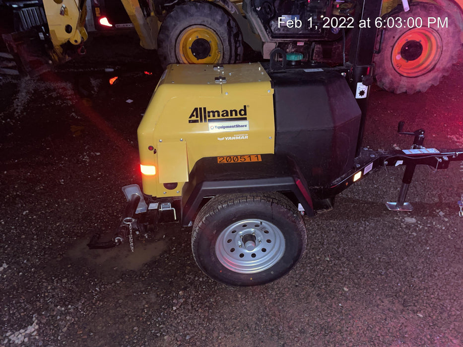 2022 Allmand NLV3GR (4) LED Light Fixture 350W, 23' Vertical Mast, 3kW Prime, Towable, Deep Sea L401, Leveling Jacks, Yanmar T4F 5.8hp