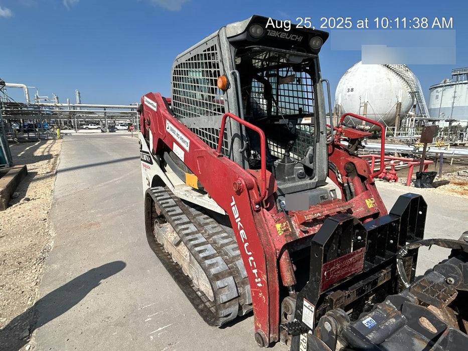 2019 Takeuchi TL10V2-CR Cab/Heat/AC, Rubber Tracks, Backup Alarm, Front & rear working Lights, Auxiliary Hydraulics, 2 Speed Travel, Engine Monitoring System, Hydraulic universal quick hitch w/76" HD smooth dirt bucket with bolt-on edge, 20.3 cubic feet capacity, 48" Pallet forks and frame
