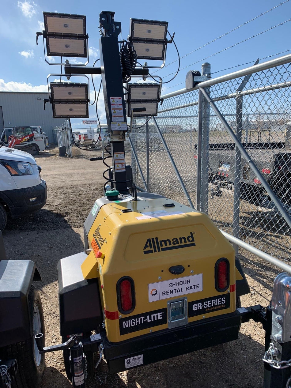 2022 Allmand NLV3GR (4) LED Light Fixture 350W, 23' Vertical Mast, 3kW Prime, Towable, Deep Sea L401, Leveling Jacks, Yanmar T4F 5.8hp