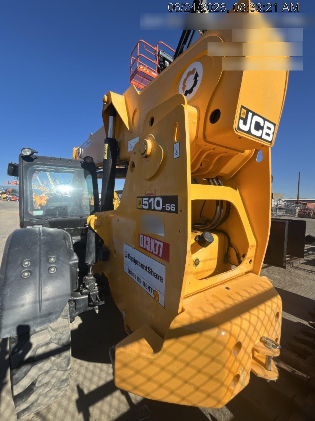 2019 JCB 510-56 74 HP w/Open ROPS, Beacon, Aux Hydraulics, Worklights, Solid Tires w/60" Carriage/Forks