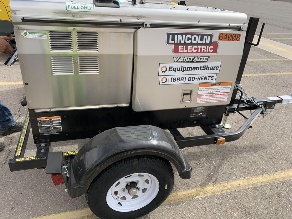 2019 Lincoln Electric Vantage 322 Welder Ready-Pak 3, Two wheel trailer, Fender and Light kit, Cable Rack