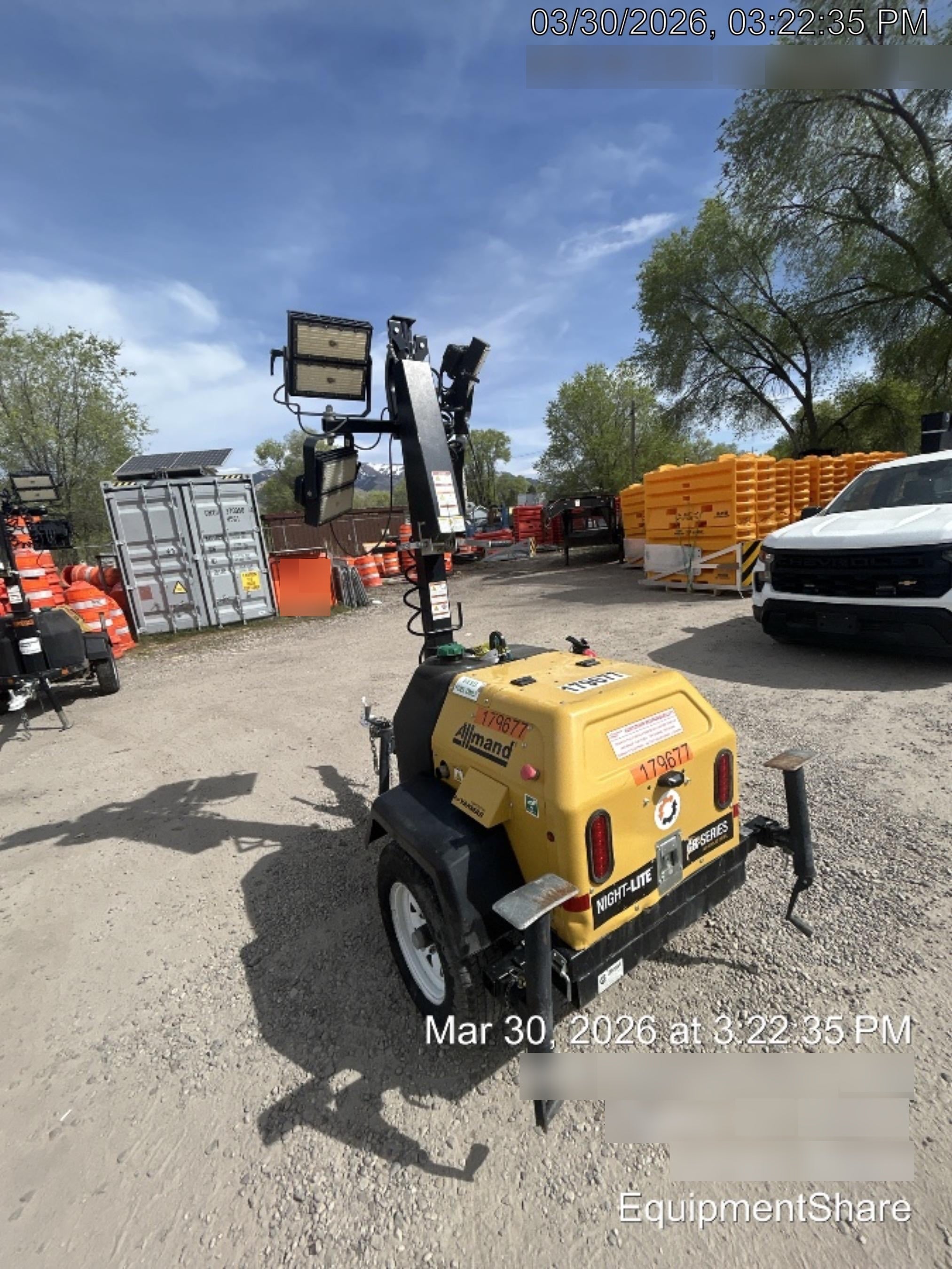 Allmand NLV3GR (4) LED Light Fixture 350W, 23' Vertical Mast, 3kW Prime, Towable, Deep Sea L401, Leveling Jacks, Yanmar T4F 5.8hp