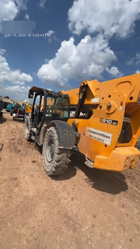 2019 JCB 510-56 74 HP w/Open ROPS, Beacon, Aux Hydraulics, Worklights, Solid Tires w/60" Carriage/Forks