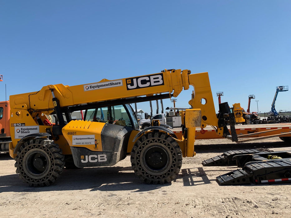 2019 JCB 510-56 Enclosed Cab, 74 HP, Solid Tires, Worklights, Beacon, Aux Hydraulics, Lifting Eye w/66" Carriage/60" Forks