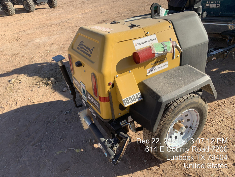 2021 Allmand NLV3GR (4) LED Light Fixture 350W, 23' Vertical Mast, 3kW Prime, Towable, Deep Sea L401, Leveling Jacks, Yanmar T4F 5.8hp