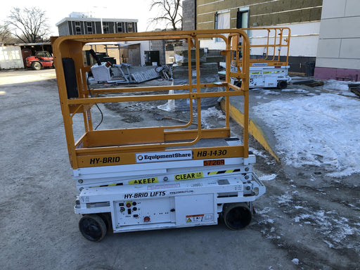 Custom Equipment HB-1430 Hy-Brid Scissor Lift
Platform capacity up to 670 lbs
Working height up to 20 ft
Weighs under 1,700 lbs
Non-marking wheels