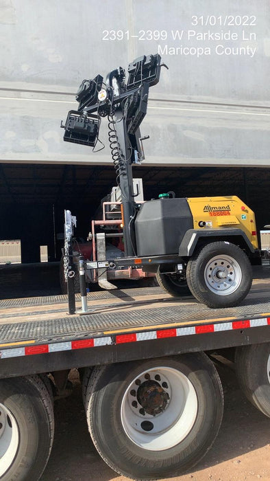 Allmand NLV3GR (4) LED Light Fixture 350W, 23' Vertical Mast, 3kW Prime, Towable, Deep Sea L401, Leveling Jacks, Yanmar T4F 5.8hp