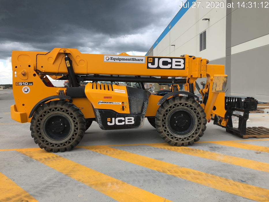 2020 JCB 510-56 Canopy, 74 HP, Solid Tires, STD Worklight, Beacon, Aux Hydraulics, Lifting Eye, Back up Alarm w/66" Carriage/60" Forks