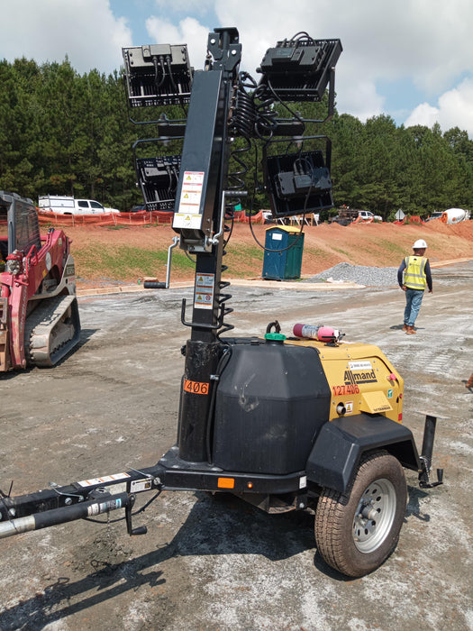 2021 Allmand NLV3GR (4) LED Light Fixture 350W, 23' Vertical Mast, 3kW Prime, Towable, Deep Sea L401, Leveling Jacks, Yanmar T4F 5.8hp