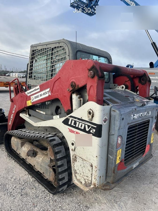 2019 Takeuchi TL10V2-CR Cab/Heat/AC, Rubber Tracks, Backup Alarm, Front & rear working Lights, Auxiliary Hydraulics, 2 Speed Travel, Engine Monitoring System, Hydraulic universal quick hitch w/76" HD smooth dirt bucket with bolt-on edge, 20.3 cubic feet capacity, 48" Pallet forks and frame