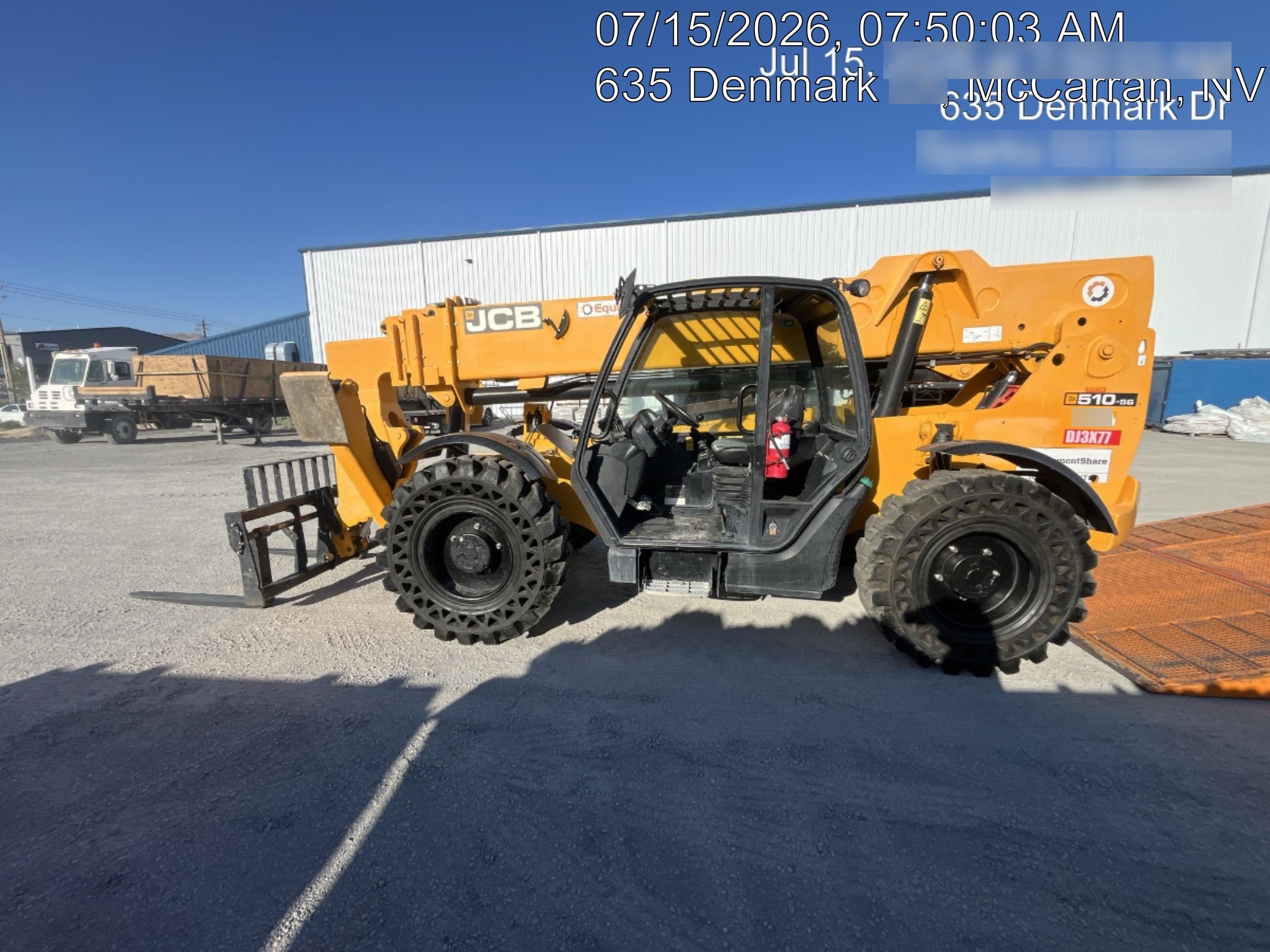 2019 JCB 510-56 74 HP w/Open ROPS, Beacon, Aux Hydraulics, Worklights, Solid Tires w/60" Carriage/Forks