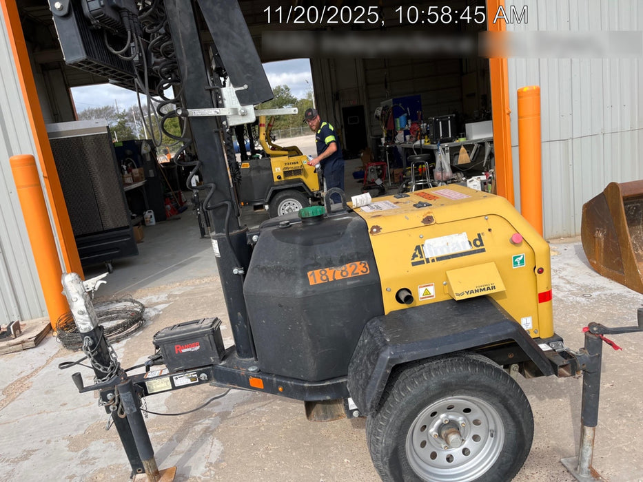 Allmand NLV3GR (4) LED Light Fixture 350W, 23' Vertical Mast, 3kW Prime, Towable, Deep Sea L401, Leveling Jacks, Yanmar T4F 5.8hp