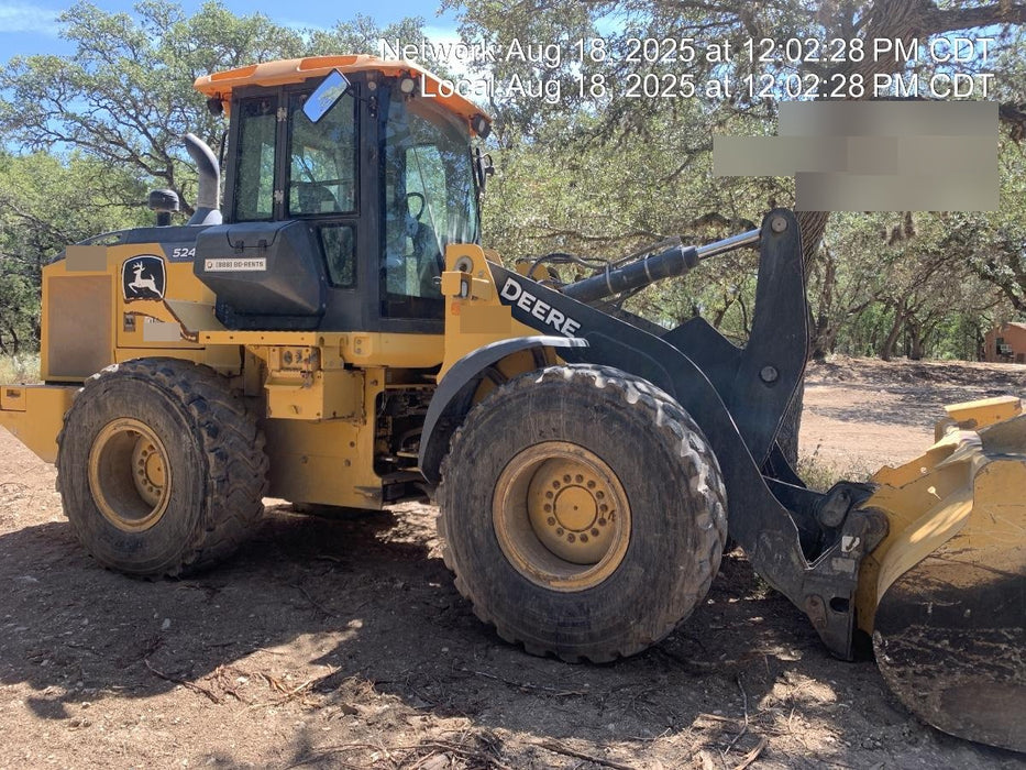 2019 John Deere 524L Cab/Heat/AIR, 3rd Function Hydraulics, Hydraulic JRB QC 2.75 Yd. Bucket, 60" Carriage/72" Forks