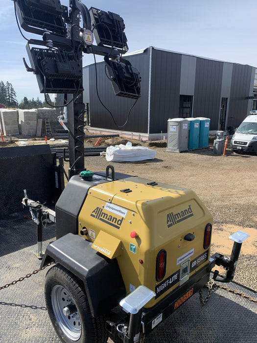 2022 Allmand NLV3GR (4) LED Light Fixture 350W, 23' Vertical Mast, 3kW Prime, Towable, Deep Sea L401, Leveling Jacks, Yanmar T4F 5.8hp