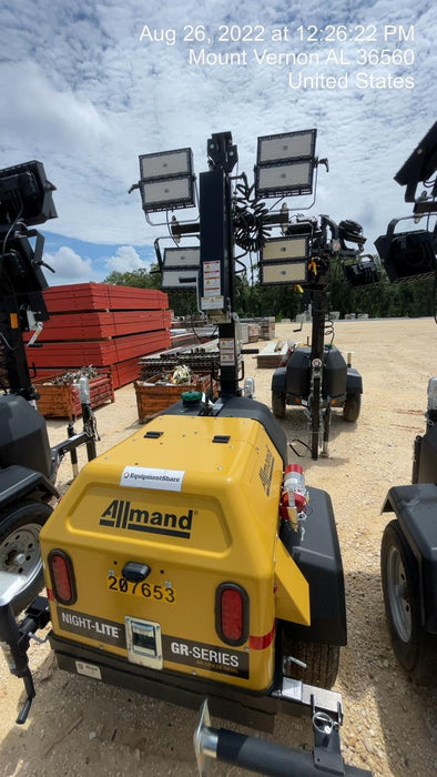 2022 Allmand NLV3GR (4) LED Light Fixture 350W, 23' Vertical Mast, 3kW Prime, Towable, Deep Sea L401, Leveling Jacks, Yanmar T4F 5.8hp