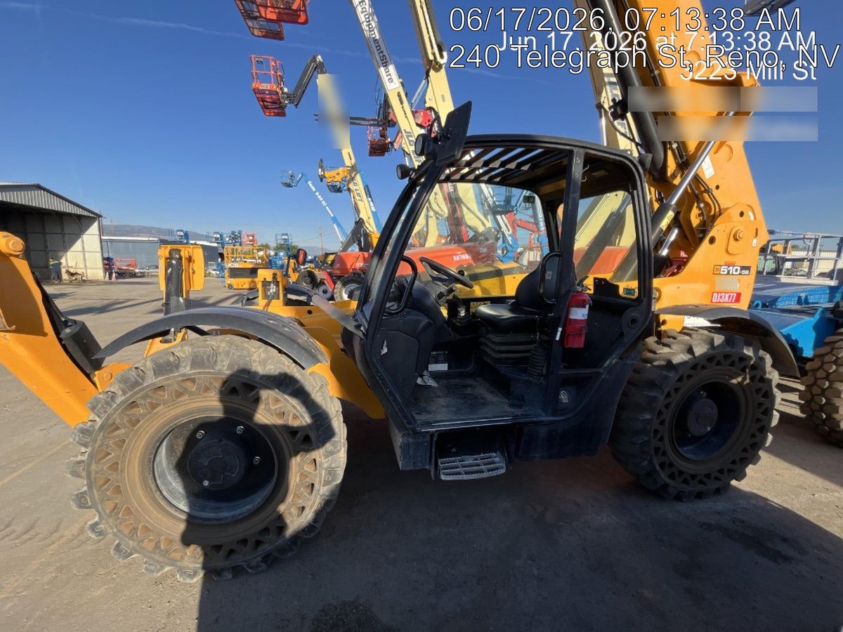 2019 JCB 510-56 74 HP w/Open ROPS, Beacon, Aux Hydraulics, Worklights, Solid Tires w/60" Carriage/Forks